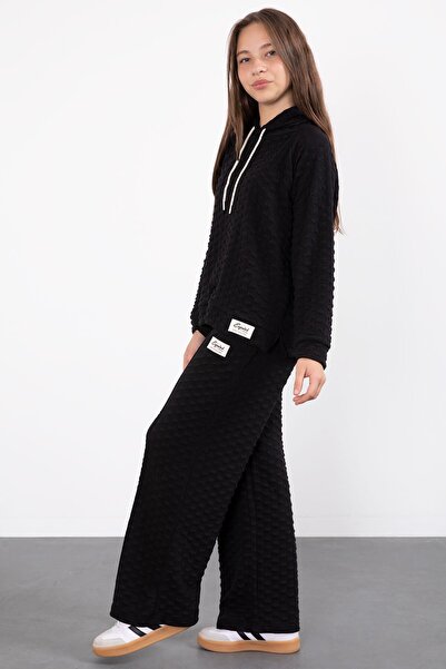 Cansın Mini Black Girl's Textured Wide Leg Hooded Tracksuit Set 23301