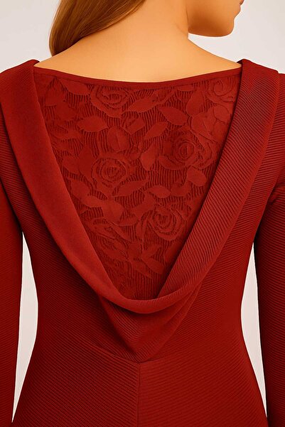 Şans Women's Burgundy, Back Lace Detailed Self Striped Long Dress 65N39233