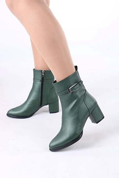 sefayol Junious Green Matte Leather Buckle Zippered Women's Boots