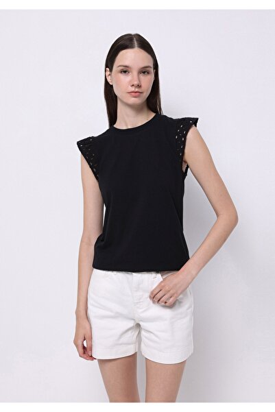 Colin's Tricou negru cu mânecă scurtă pentru femei, cu gât rotund, cu croială...