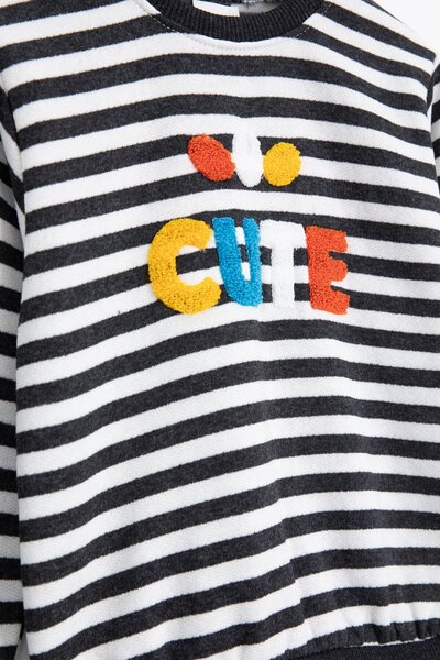 Cansın Mini Smoked Boys' Cute Embroidered Striped Fleece-Lined Tracksuit Set 23312