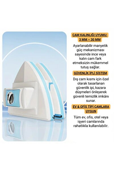 Polham 3-30 MM Çift Cam Uyumlu Ev ve Ofis Manyetik Cam Temizleyici, Çift Taraflı, Güvenli İpli Süper
