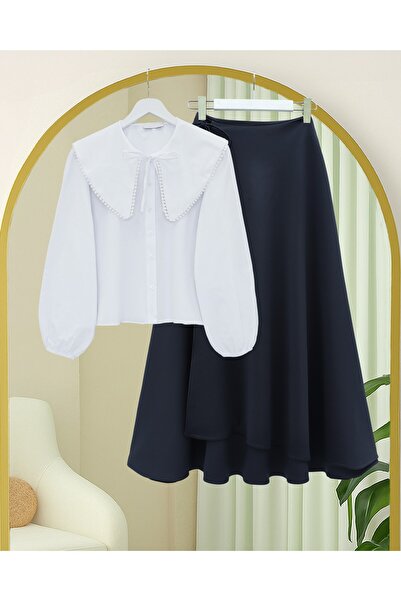 Modamorfo Layered Zippered Scuba Skirt with Side Tie Detail - Navy