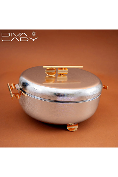 DIVA LADY ✨ Diva Lady Luxury Food Container – Silver Stainless Steel with Gold Handles, 5 Liter Capacity 🍲💛