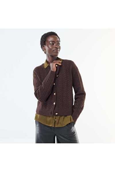 KİABİ Cable Knit Cardigan with Gold Button Detail BROWN