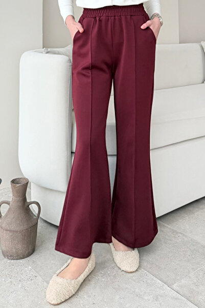 Tesettür Diyarı Kadın Çimalı Beli Lastikli Cepli Scuba Kumaş Tesettür Pantolon- Bordo