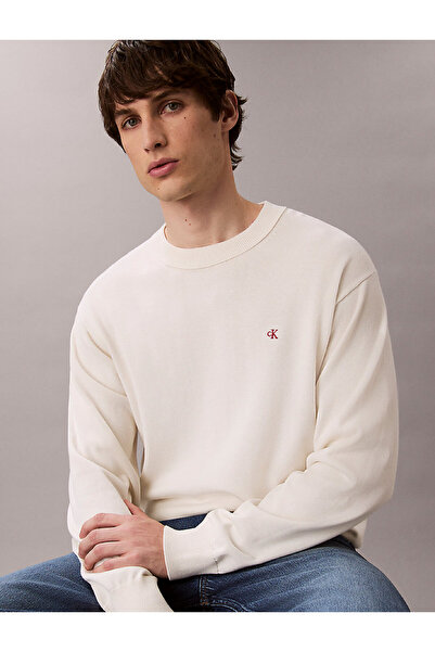 Calvin Klein Jeans Bisiklet Yaka Classic Fit Düz Kırık Beyaz Erkek Kazak LV04RC309GYAS LS EZ COTTON