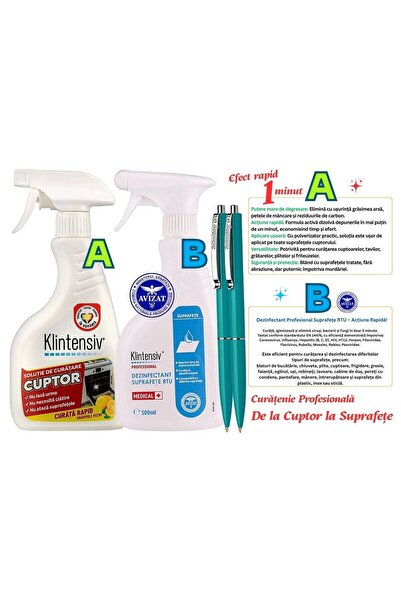 KLINTENSIV Set Complex – Solutie pentru cuptor 500ml + Dezinfectant Suprafețe RTU Profesional 500ml, 2xPix
