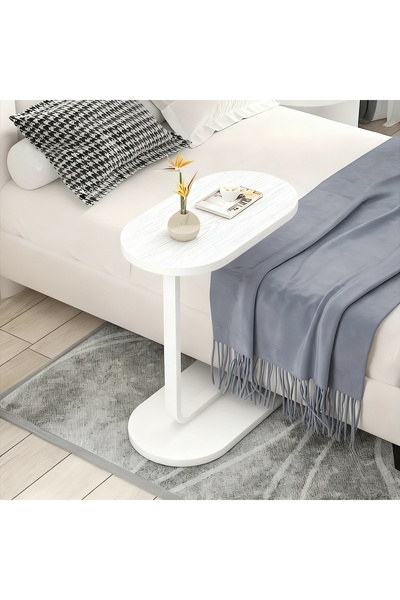 Cozara Compact C-Shaped Side Table-Space-Saving End Table with Sturdy Metal Frame, White