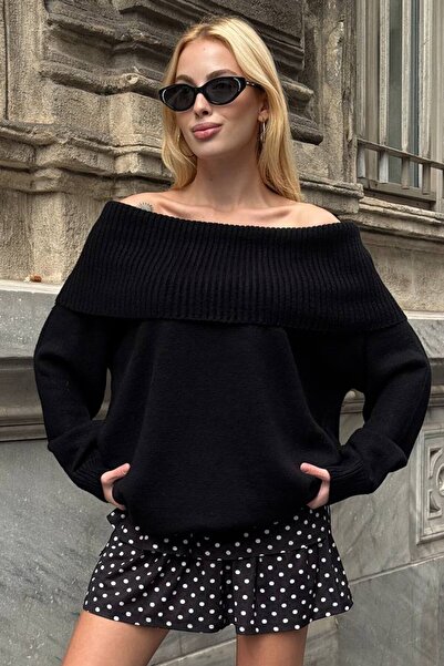 VAGGON Women's Black Madonna Collar Long Sleeve Knitwear Dress Vs01542