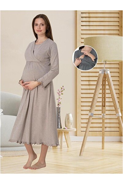 Lohusa Homewear Γυναικείο νυχτικό εγκυμοσύνης από βαμβακερό χτενισμένο βαμβάκ...