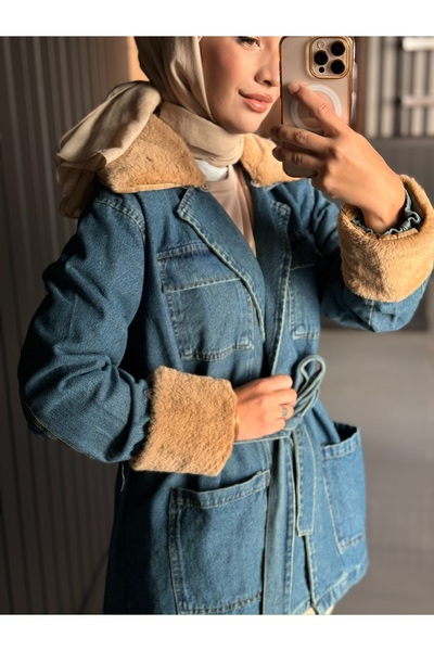 aselinay peluş detaylı kot ceket