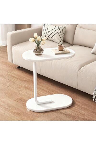 Cozara Compact C-Shaped Side Table-Space-Saving End Table with Sturdy Metal Frame, White