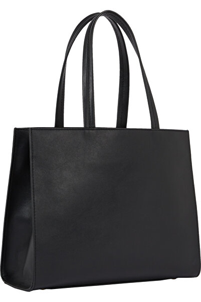 Tommy Hilfiger Women Black Leather Pushlock Leather Tote Bag