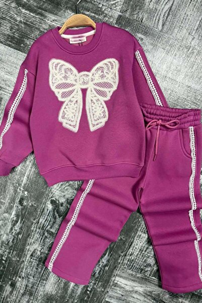 Riccotarz Girl's Chest Ribbon Lace Striped Detail Lace-Up 3 Thread Purple Tracksuit Set