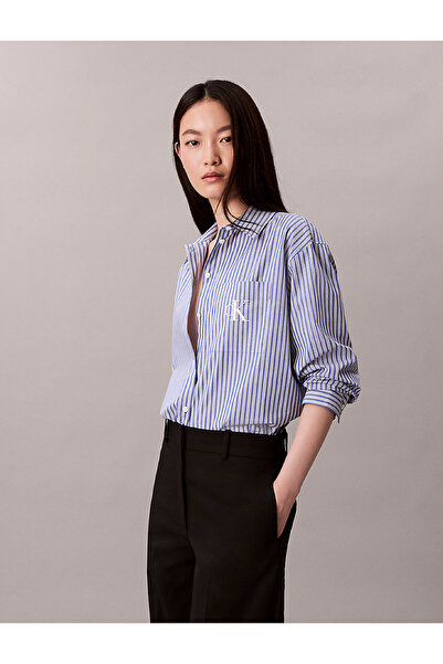 Calvin Klein Jeans Standart Gömlek Yaka Çizgili Mavi Kadın Gömlek LV044D170GZNX