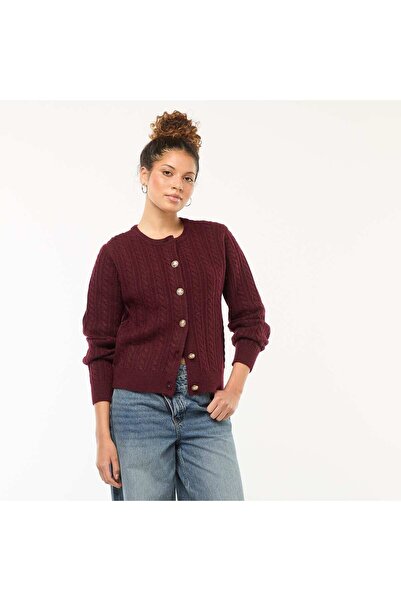 KİABİ Cable Knit Cardigan with Gold Button Detail RED