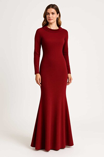 Şans Women's Burgundy, Back Lace Detailed Self Striped Long Dress 65N39233