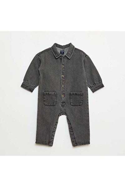 KİABİ Long Denim Jumpsuit with Button Opening GREY