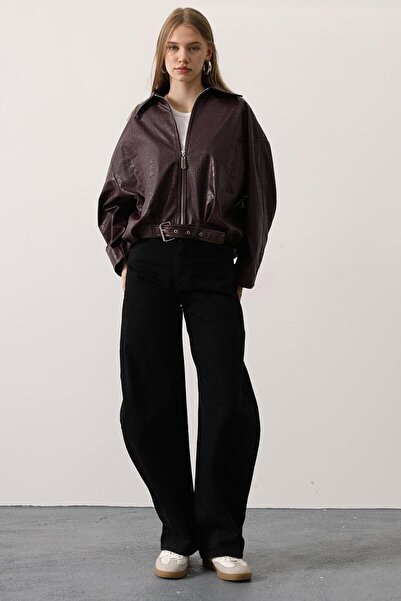VAGGON Faux Leather Bomber Jacket with Belt Detail