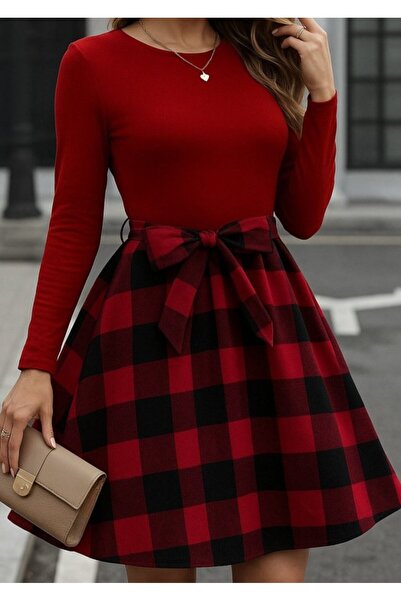 Modayakamoz Yeni Sezon Kadın Ekose Desenli Uzun Kollu Bisiklet Yaka Mini Elbise