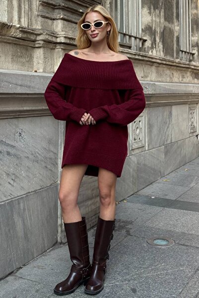 VAGGON Women's Burgundy Madonna Collar Long Sleeve Knitwear Dress Vs01542