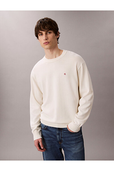 Calvin Klein Jeans Bisiklet Yaka Classic Fit Düz Kırık Beyaz Erkek Kazak LV04RC309GYAS LS EZ COTTON