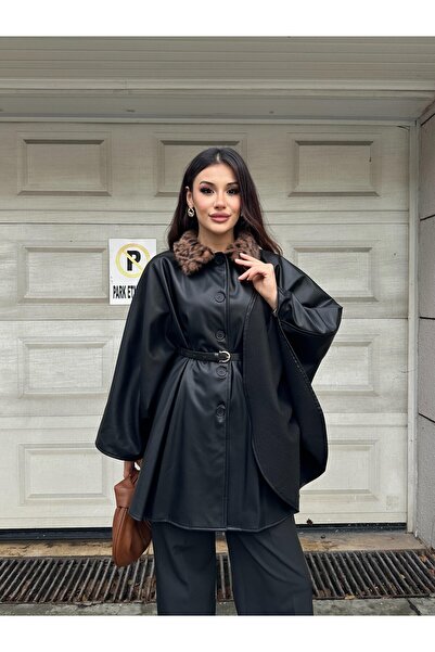 cemo Leopard Fur Collar Leather-Look Button Belted Evening Dress Poncho Jacket Black