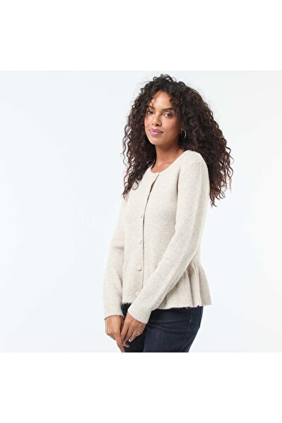 KİABİ Fine Knit Cardigan with Ruffle Hem BEIGE