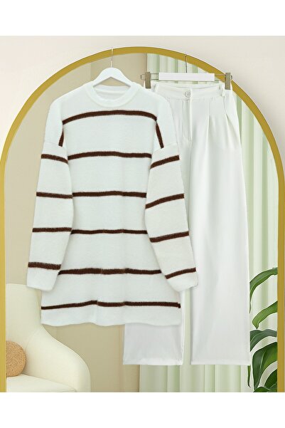 Modamorfo Striped Casual Bearded Knitwear Tunic -White