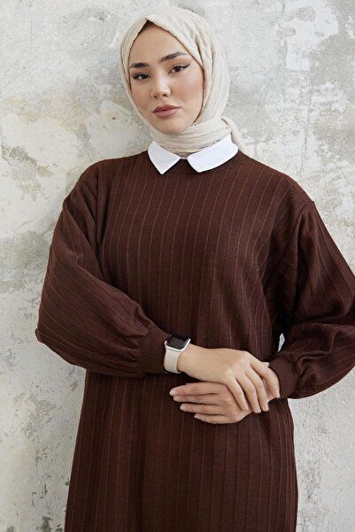 NEW DAĞ Women's Vertical Patterned Balloon Sleeve Knitwear Dress