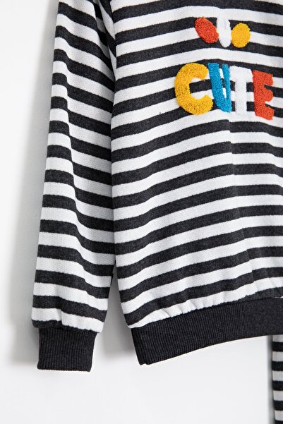 Cansın Mini Smoked Boys' Cute Embroidered Striped Fleece-Lined Tracksuit Set 23312