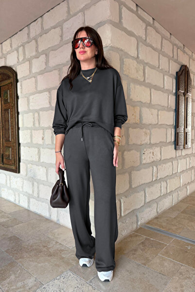 BayBayan بدلة نسائية من المودال بأكمام طويلة وناعمة وخصر عالي وساق واسعة