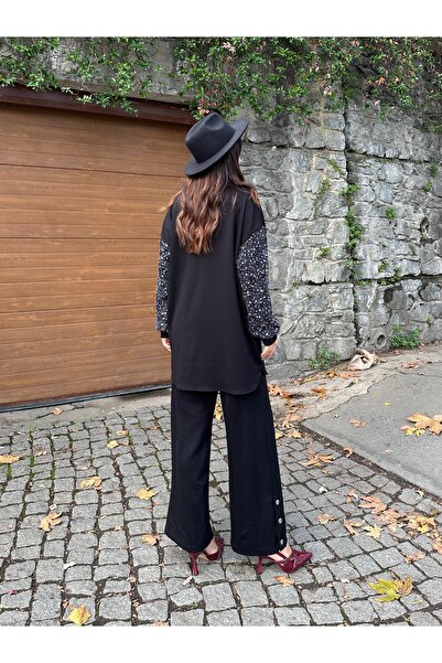 cemo Women's Black Sequined Sleeve Detailed Long Tunic Sweater Half Zipper Loose Fit