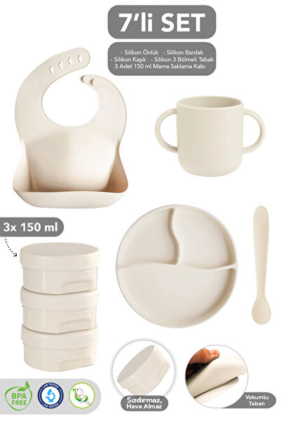 Meleni Baby 7'li Silikon Beslenme Seti- Mama Önlüğü Vakumlu Tabak Bardak Diş ...