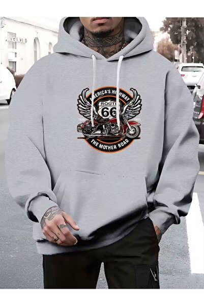 ship master Motocicletă Route 66 pentru bărbați cu imprimeu cu glugă Swea tricou - Model de iarnă în stil motociclist vintage