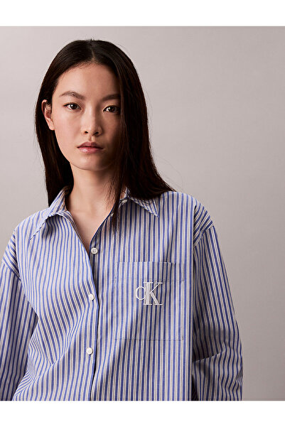 Calvin Klein Jeans Standart Gömlek Yaka Çizgili Mavi Kadın Gömlek LV044D170GZNX