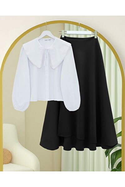 Modamorfo Layered Zippered Scuba Skirt with Side Tie Detail - Black