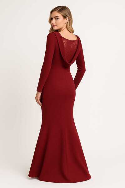 Şans Women's Burgundy, Back Lace Detailed Self Striped Long Dress 65N39233