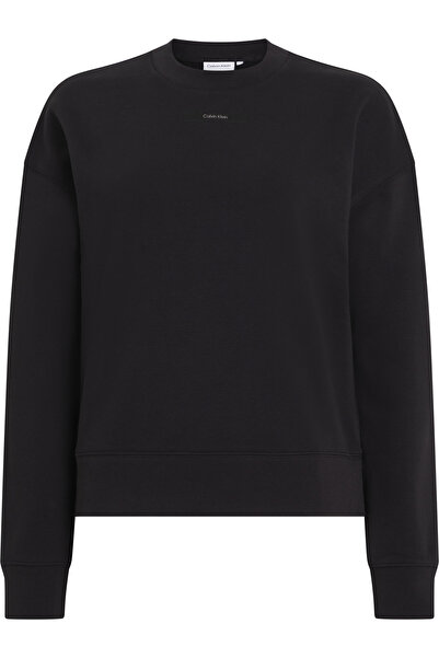 Calvin Klein سويت شيرت نسائي أسود من القطن بشعار مايكرو برقبة دائرية عادية