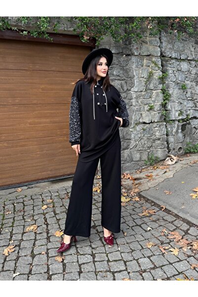 cemo Women's Black Sequined Sleeve Detailed Long Tunic Sweater Half Zipper Loose Fit