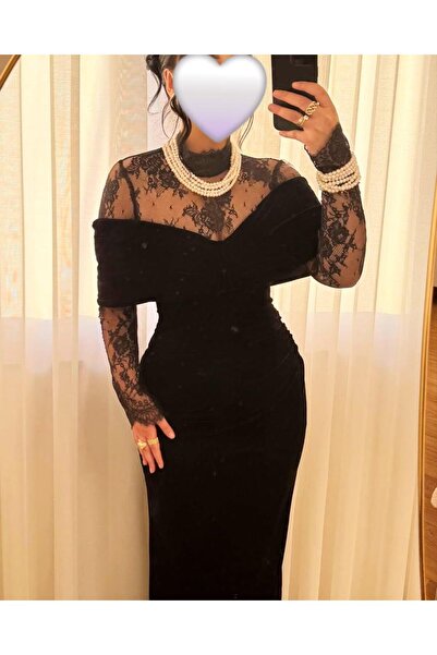 hind fashion Soft velvet evening dress with lace sleeves