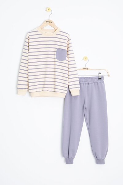 Cansın Mini Smoked Striped Pocket Detailed Boys' Tracksuit Set 23343