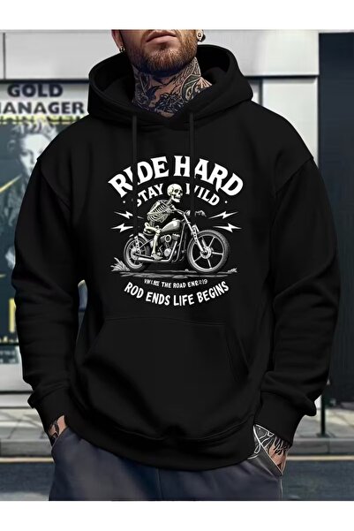 ship master سويت شيرت للرجال للدراجات النارية مطبوع بغطاء رأس - موديل شتوي مر...