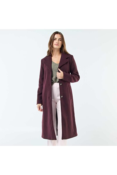 KİABİ Long Wool-Look Coat with Belt PURPLE