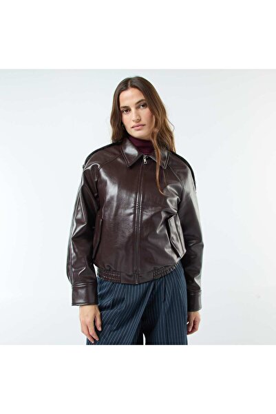 KİABİ Faux Leather Zip-Up Jacket BROWN