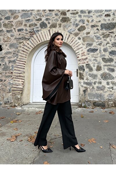 cemo Leopard Fur Collar Leather-Look Button Belted Evening Dress Poncho Jacket Black