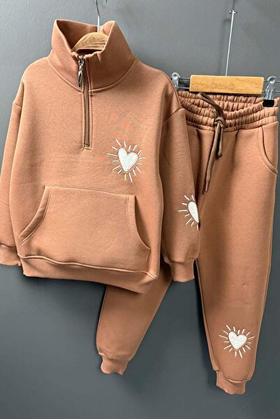 Riccotarz Girl's Heart Emoji Printed Kangaroo Pocket Zippered Sweat Brown Tracksuit Set