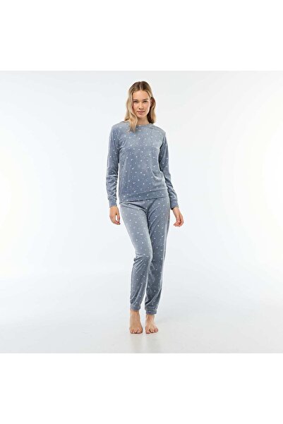 KİABİ Fleece Long Pajama Set T-shirt + Pants - 2 pieces BLUE