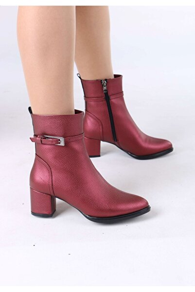 sefayol Junious Burgundy Matte Leather Buckle Zippered Women's Boots